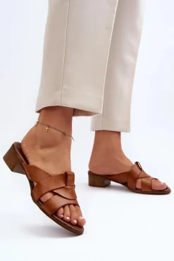 Zazoo 40236 Skórzane Klapki Damskie Na Niskim Obcasie Brązowe