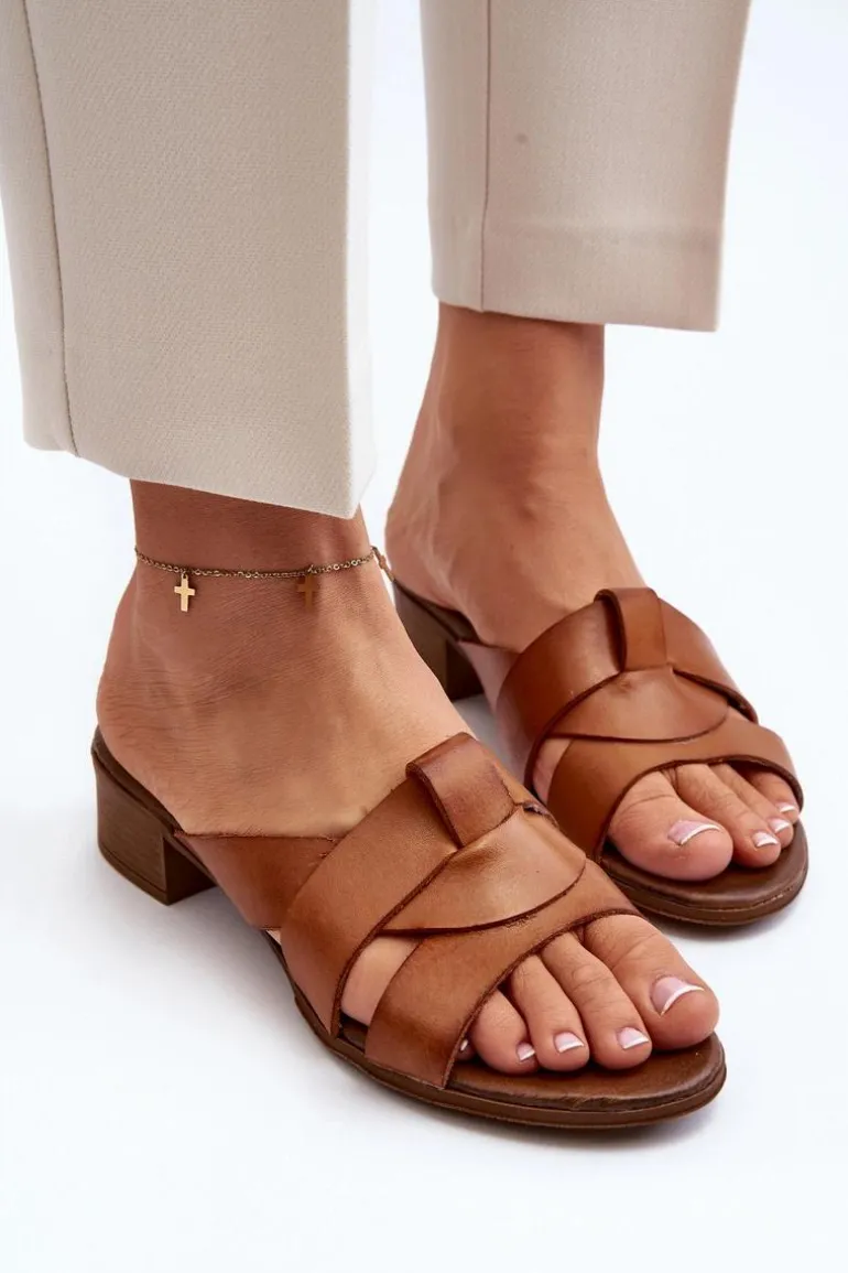 Zazoo 40236 Skórzane Klapki Damskie Na Niskim Obcasie Brązowe