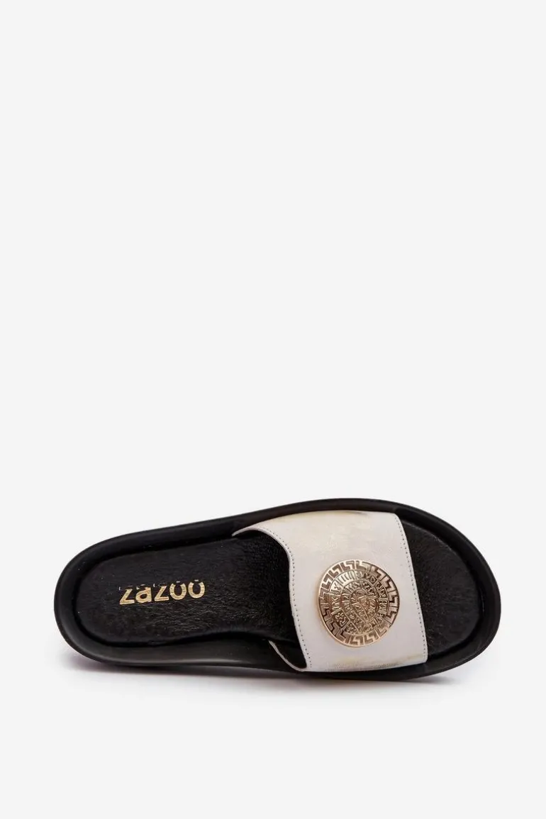 Zazoo 2920 Skórzane Klapki Damskie Na Koturnie Ze Złotym Detalem Złoty Przecierany