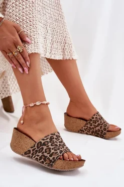 Zazoo 40289 Skórzane Klapki Damskie Na Korkowym Koturnie Panterka