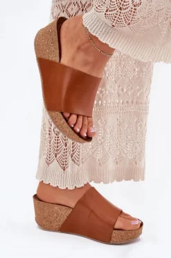 Zazoo 40291 Skórzane Klapki Damskie Na Korkowym Koturnie Brązowe