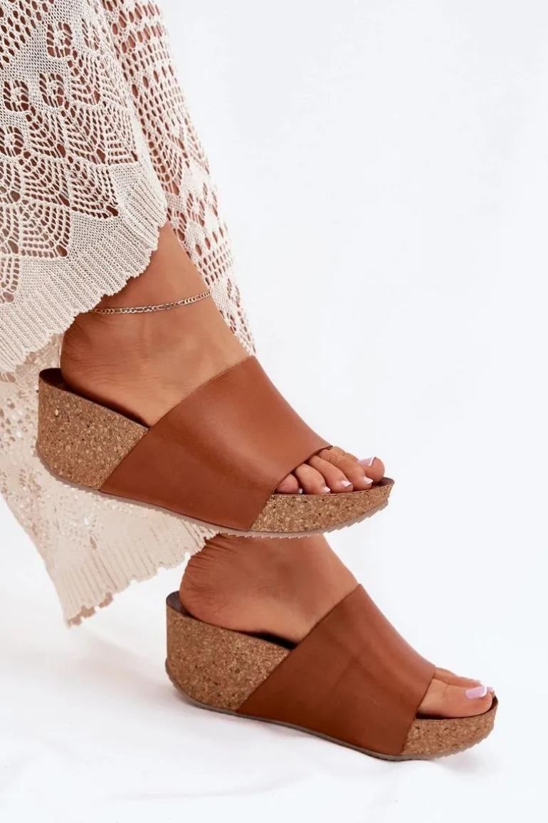 Zazoo 40291 Skórzane Klapki Damskie Na Korkowym Koturnie Brązowe