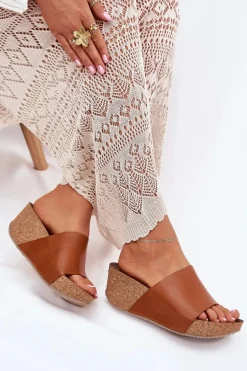 Zazoo 40291 Skórzane Klapki Damskie Na Korkowym Koturnie Brązowe