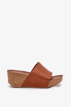 Zazoo 40291 Skórzane Klapki Damskie Na Korkowym Koturnie Brązowe