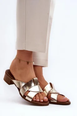 Zazoo 40236 Skórzane Klapki Damskie Na Niskim Obcasie Złote