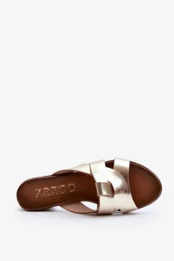 Zazoo 40236 Skórzane Klapki Damskie Na Niskim Obcasie Złote