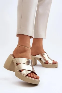 Zazoo 40373 Skórzane Klapki Na Klocku Złote