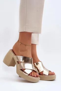 Zazoo 40373 Skórzane Klapki Na Klocku Złote