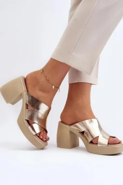 Zazoo 40373 Skórzane Klapki Na Klocku Złote