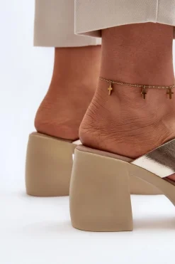 Zazoo 40373 Skórzane Klapki Na Klocku Złote