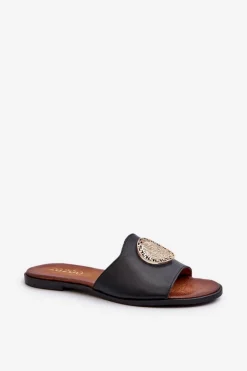Zazoo 2938 Skórzane Klapki Na Płaskim Obcasie Z Ozdobą Czarne
