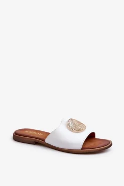 Zazoo 2938 Skórzane Klapki Na Płaskim Obcasie Z Ozdobą Białe