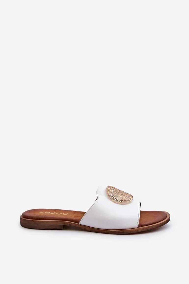 Zazoo 2938 Skórzane Klapki Na Płaskim Obcasie Z Ozdobą Białe