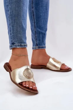 Zazoo 2938 Skórzane Klapki Na Płaskim Obcasie Z Ozdobą Złote