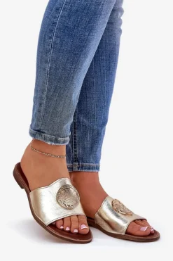 Zazoo 2938 Skórzane Klapki Na Płaskim Obcasie Z Ozdobą Złote