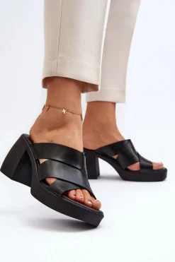 Zazoo 40373 Skórzane Klapki Na Klocku Czarne