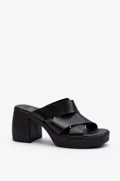 Zazoo 40373 Skórzane Klapki Na Klocku Czarne
