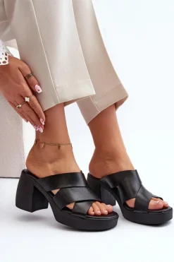 Zazoo 40373 Skórzane Klapki Na Klocku Czarne