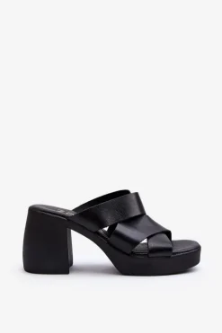 Zazoo 40373 Skórzane Klapki Na Klocku Czarne