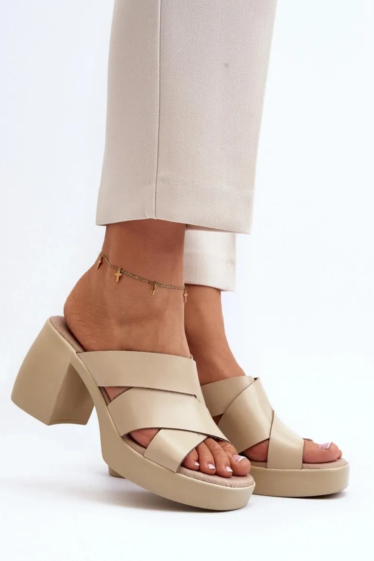 Zazoo 40373 Skórzane Klapki Na Klocku Beżowe