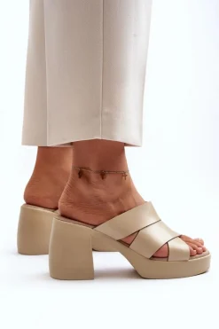 Zazoo 40373 Skórzane Klapki Na Klocku Beżowe