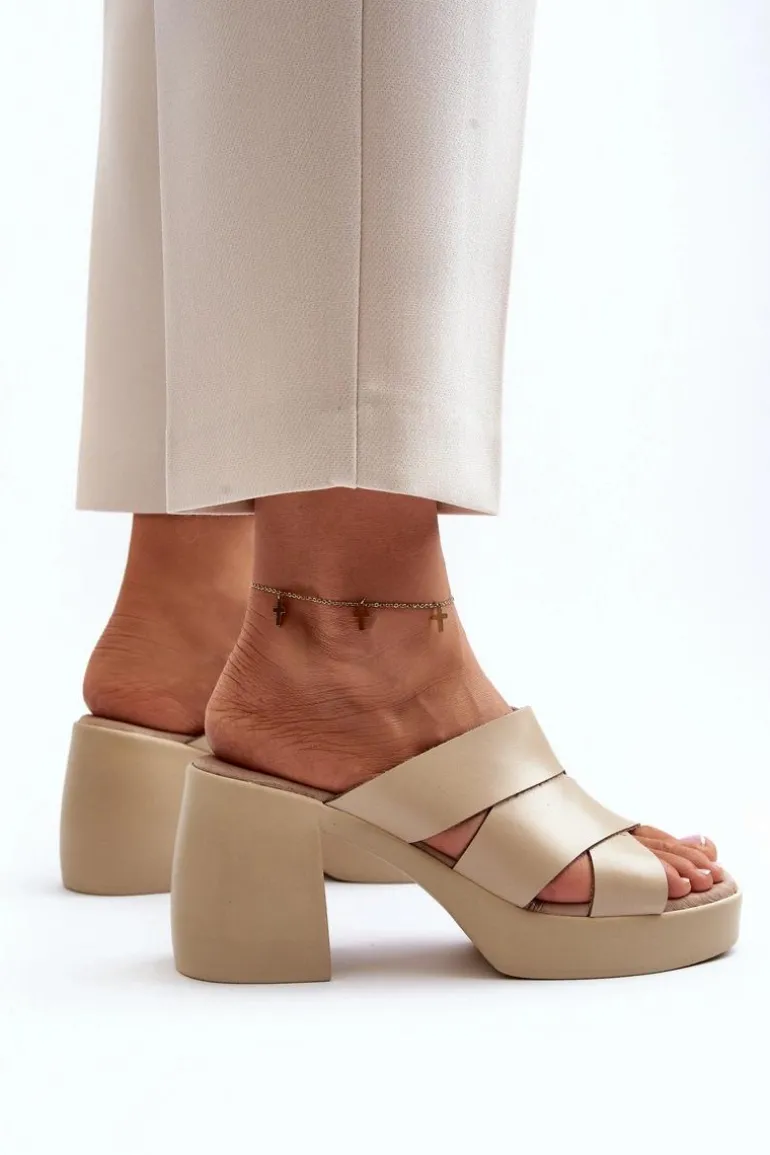 Zazoo 40373 Skórzane Klapki Na Klocku Beżowe