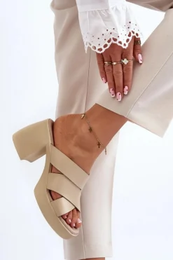 Zazoo 40373 Skórzane Klapki Na Klocku Beżowe