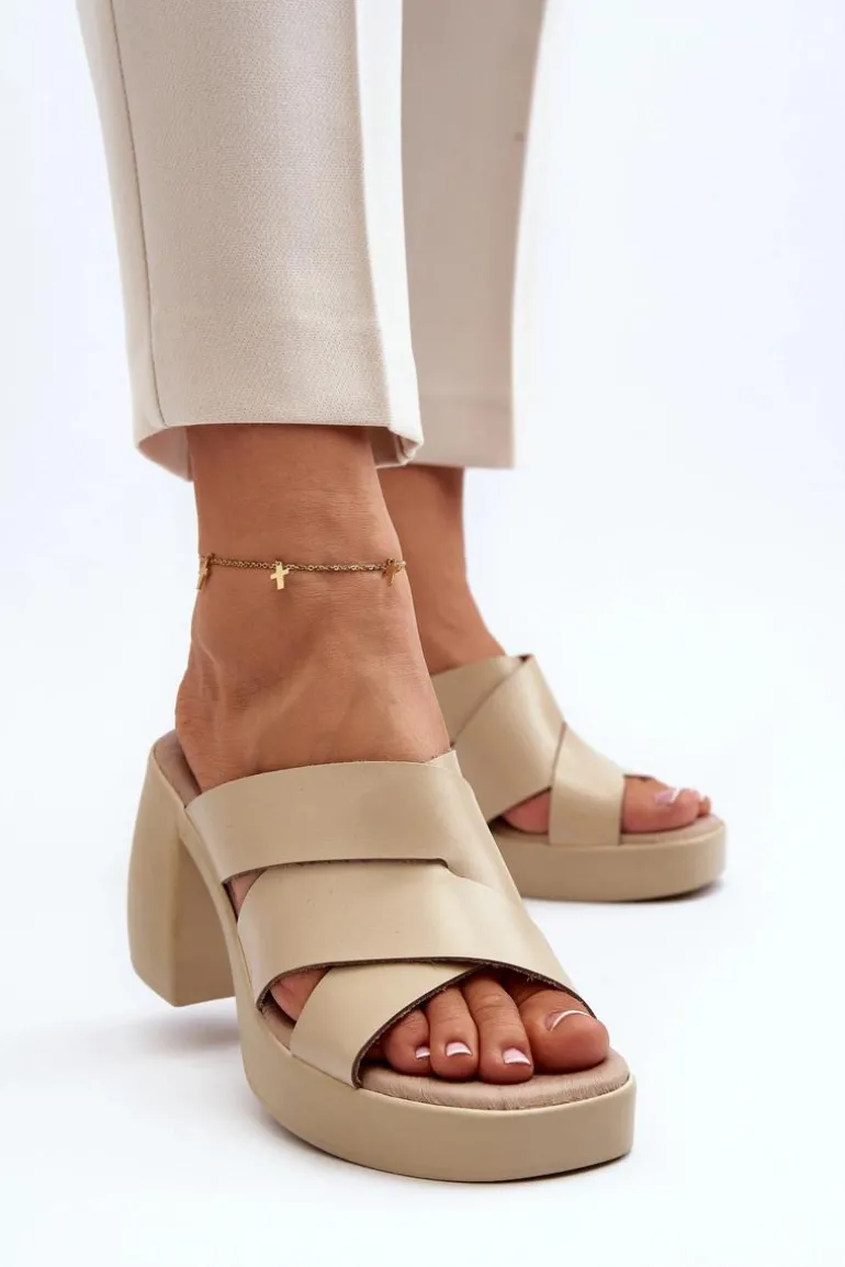 Zazoo 40373 Skórzane Klapki Na Klocku Beżowe