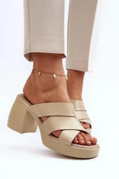 Zazoo 40373 Skórzane Klapki Na Klocku Beżowe