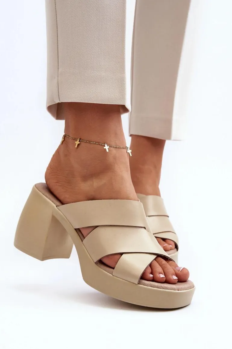 Zazoo 40373 Skórzane Klapki Na Klocku Beżowe