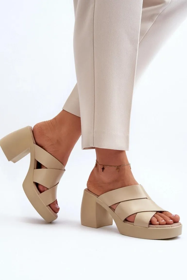 Zazoo 40373 Skórzane Klapki Na Klocku Beżowe