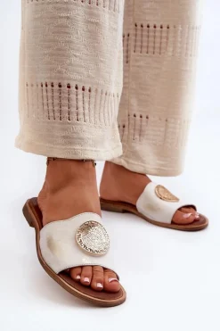 Zazoo 2938 Skórzane Klapki Na Płaskim Obcasie Z Ozdobą Złote Przecierane