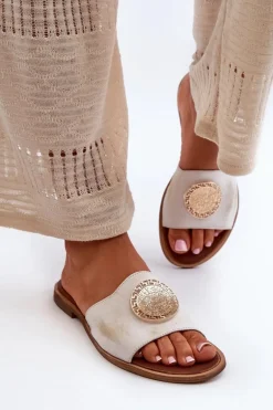 Zazoo 2938 Skórzane Klapki Na Płaskim Obcasie Z Ozdobą Złote Przecierane