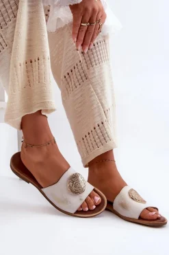 Zazoo 2938 Skórzane Klapki Na Płaskim Obcasie Z Ozdobą Złote Przecierane