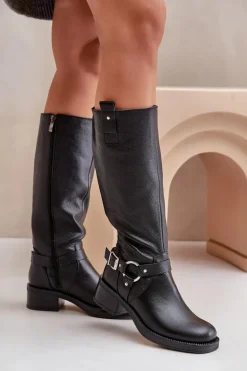 Zazoo 70141 Skórzane Kozaki Damskie Przed Kolano Czarne