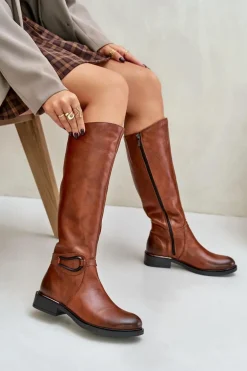 Zazoo 70140 Skórzane Kozaki Damskie Przed Kolano Ocieplane Brązowe