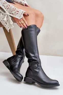 Zazoo 70140 Skórzane Kozaki Damskie Przed Kolano Ocieplane Czarne