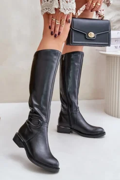 Zazoo 70140 Skórzane Kozaki Damskie Przed Kolano Ocieplane Czarne