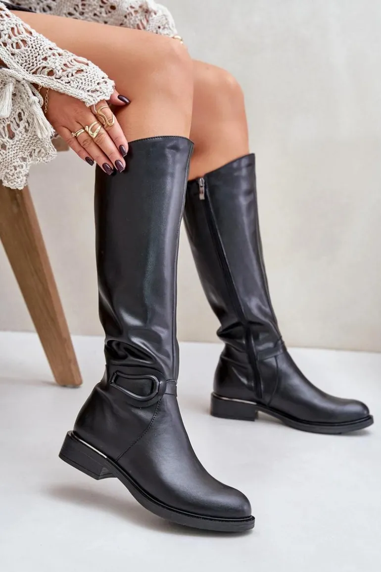 Zazoo 70140 Skórzane Kozaki Damskie Przed Kolano Ocieplane Czarne