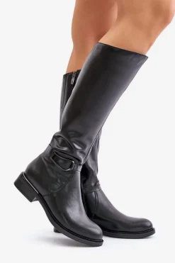 Zazoo 70140 Skórzane Kozaki Damskie Przed Kolano Ocieplane Czarne