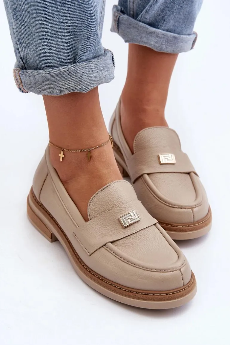 Zazoo 20165 Skórzane Mokasyny Damskie Beżowe