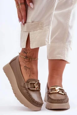 Zazoo 10141 Skórzane Mokasyny Na Platformie Z Ozdobą Ciemnobeżowe