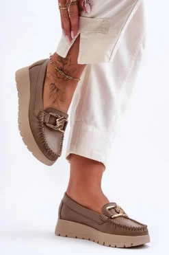 Zazoo 10141 Skórzane Mokasyny Na Platformie Z Ozdobą Ciemnobeżowe