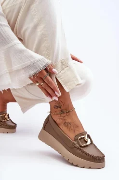 Zazoo 10141 Skórzane Mokasyny Na Platformie Z Ozdobą Ciemnobeżowe