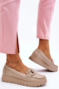 Zazoo 10141 Skórzane Mokasyny Na Platformie Z Ozdobą Beżowe
