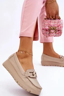 Zazoo 10141 Skórzane Mokasyny Na Platformie Z Ozdobą Beżowe