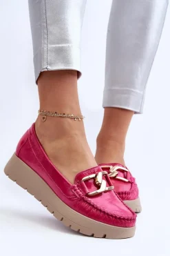 Zazoo 10141 Skórzane Mokasyny Na Platformie Z Ozdobą Fuksja