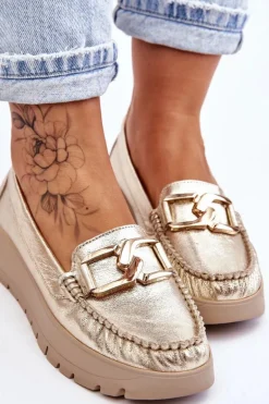 Zazoo 10141 Skórzane Mokasyny Na Platformie Z Ozdobą Złote