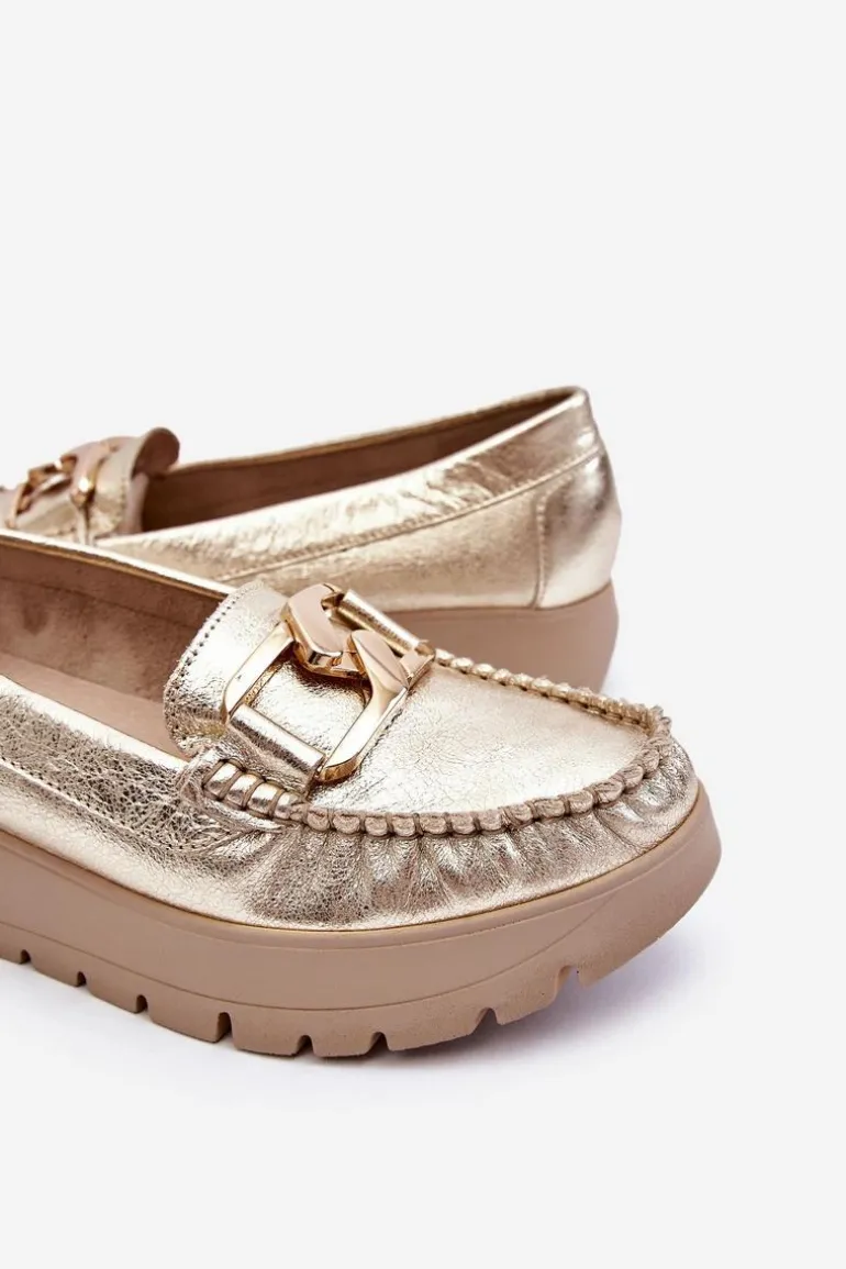 Zazoo 10141 Skórzane Mokasyny Na Platformie Z Ozdobą Złote