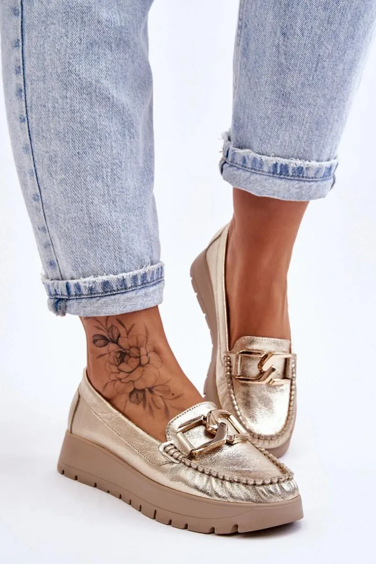 Zazoo 10141 Skórzane Mokasyny Na Platformie Z Ozdobą Złote